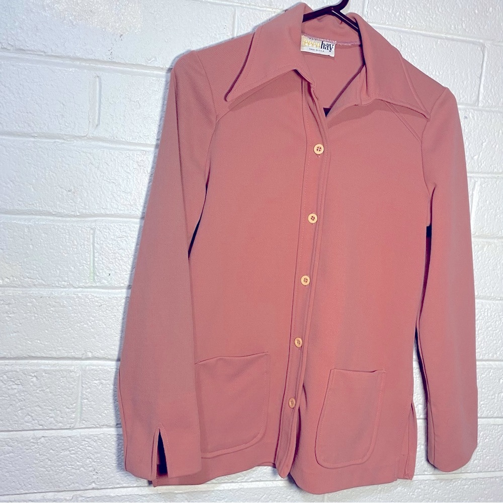Vintage Ecco Bay Made in USA Ribbed Cardigan Blazer With Pockets Pink Button Wom
